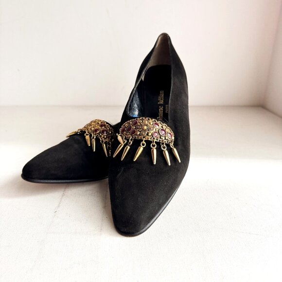 Stephane Kelian Paris Black Suede Embellished Loafers 8 V&A MUSEUM Collection - Picture 2 of 13